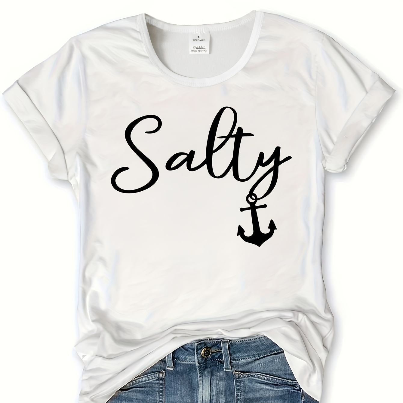 

Salty Print T-shirt, Short Sleeve Crew Neck Casual Top For Summer & Spring, Women's Clothing