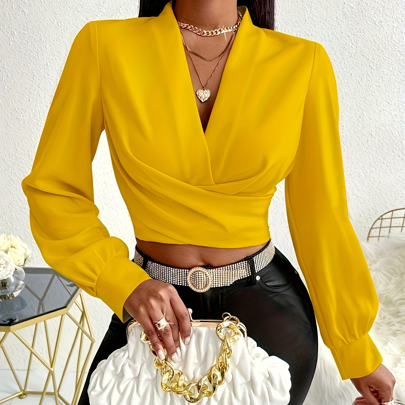 

Solid Color V-neck Crop Blouse, Elegant Lantern Sleeve Blouse For Spring & Fall, Women's Clothing