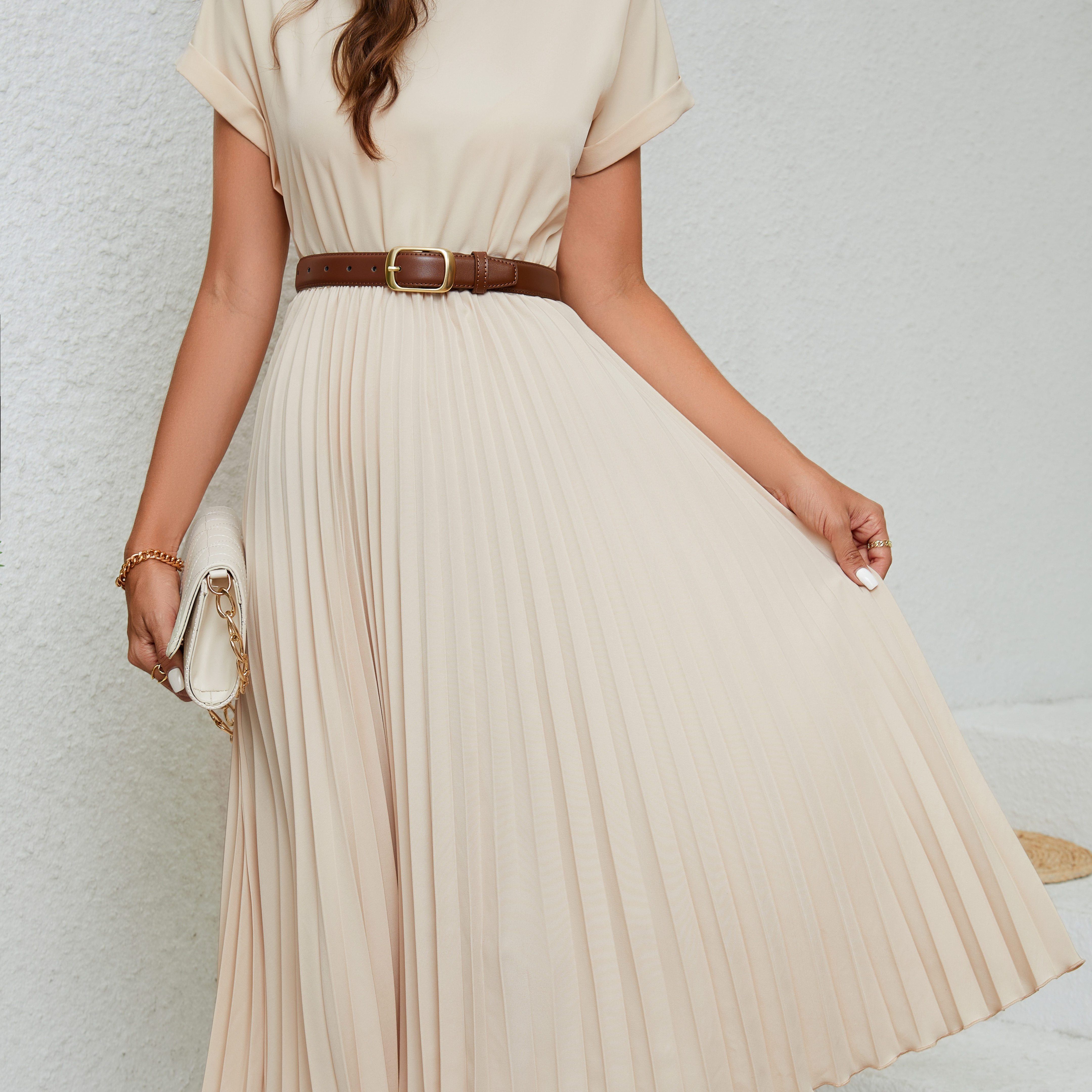 

Robe Midi Plissée Élégante Beige pour Femme - Manches Courtes, Col Rond, Silhouette A-Line avec Détail de Ceinture, Parfaite pour /Été/Automne, Robe Chic