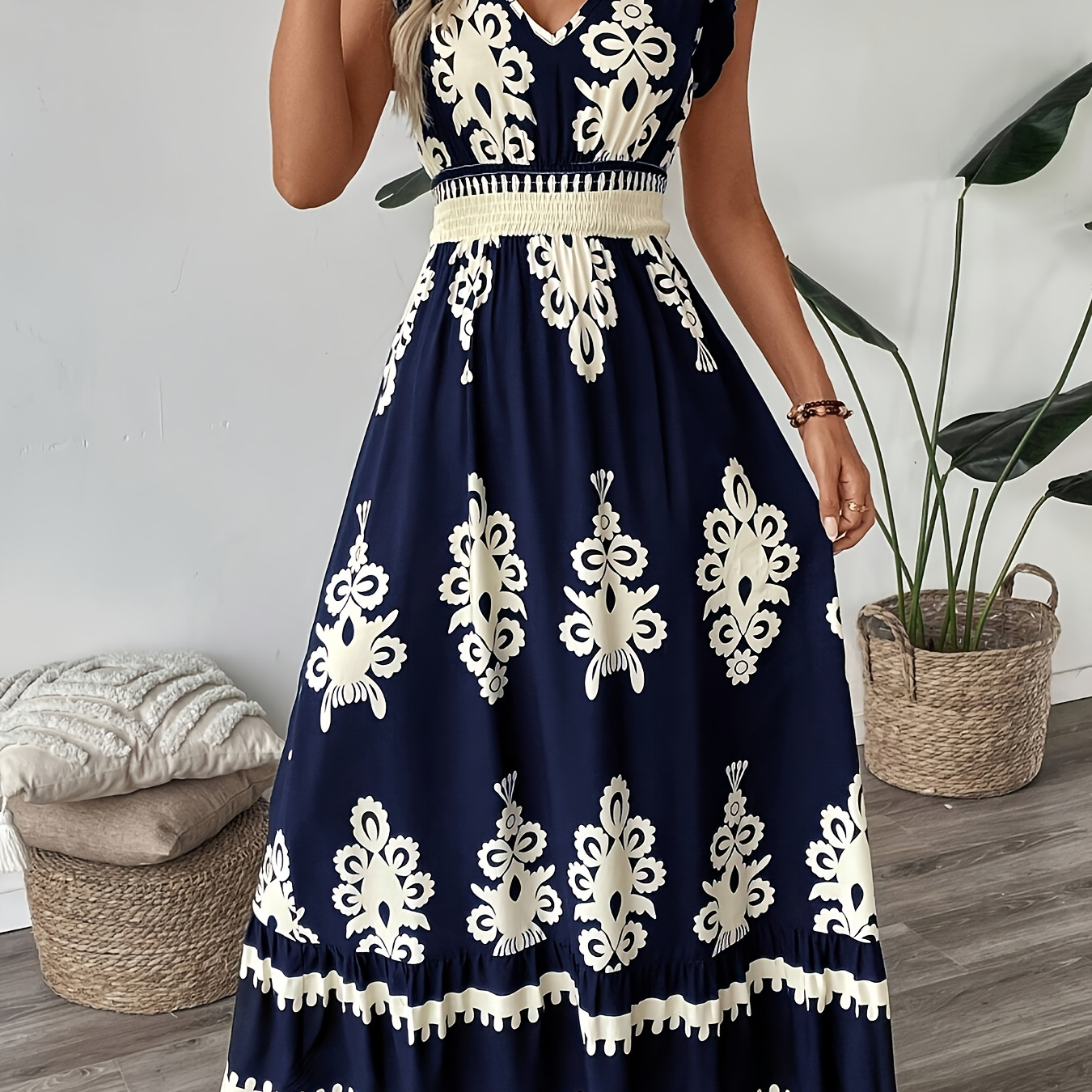 

Women's Elegant V-neck Floral Print Dress With Ruffle Sleeves And Hem, A-line Casual , Navy With White Patterns, Machine Washable