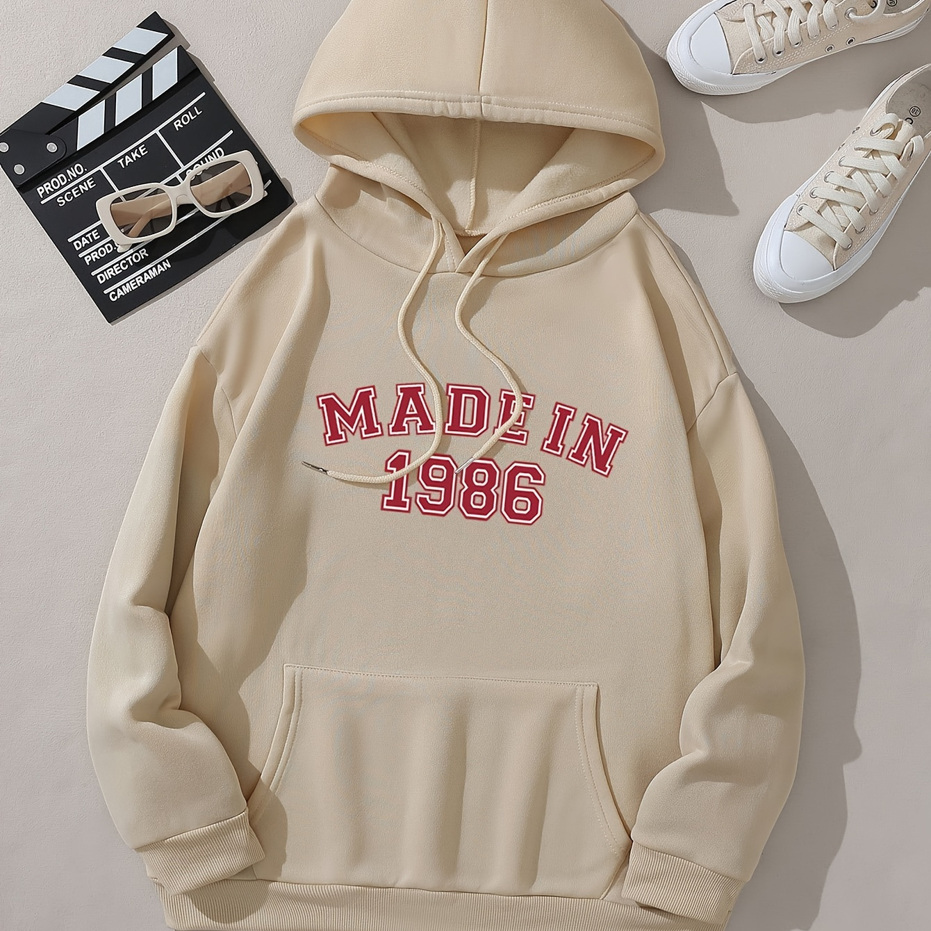 

Made In 1986 Print Hoodie, Drawstring Casual Hooded Sweatshirt For Winter & Fall, Women's Clothing