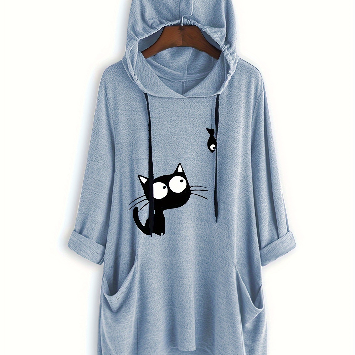 

Plus Size Cat Print Long Sleeve Hoodie Drawstring Top, Women's Plus Slight Stretch Cute Oversized Top