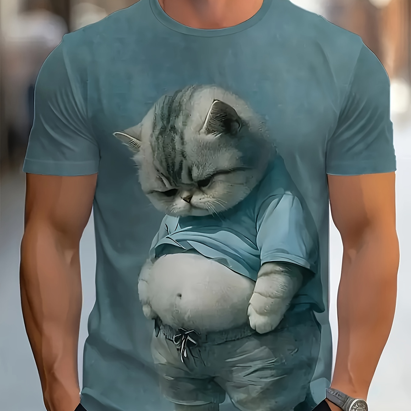 

Men's Cat 3d Print T-shirt - Casual Crew Neck Short Sleeve Tee, Polyester & Spandex , Stretch, Regular Fit, Knit Fabric, 150gsm, Summer Top - Ideal Gift