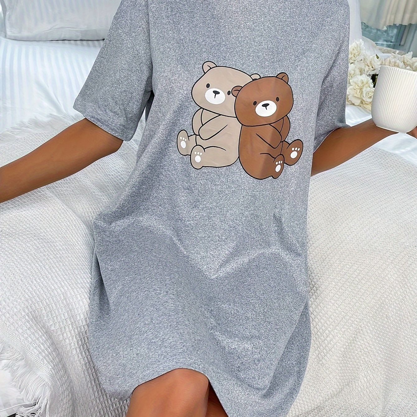 

Women's Cozy Pajama Dress - Round Neck, Long Sleeve, Soft Polyester Loungewear