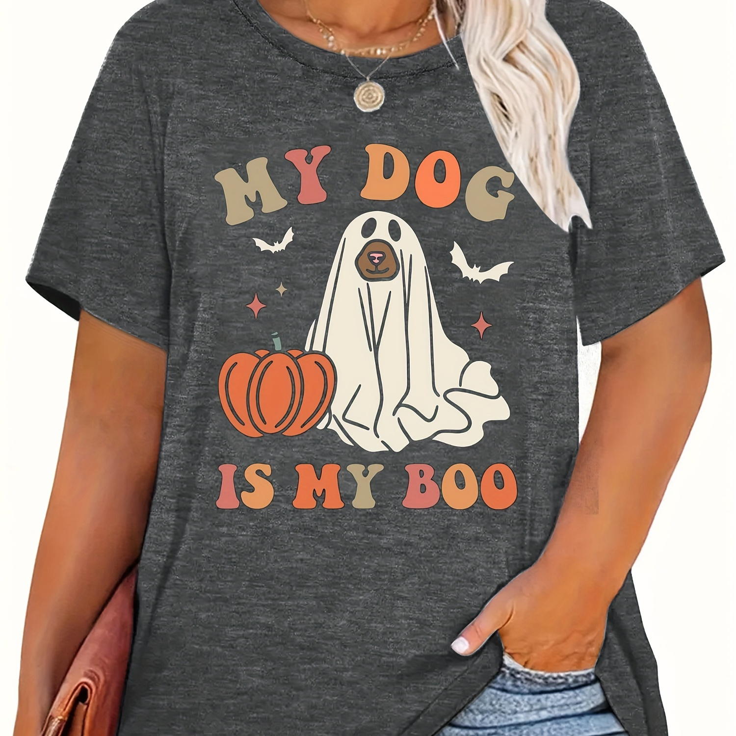 

Plus Size Halloween Dog Print T-shirt, Casual Short Sleeve Crew Neck Top For Spring & Summer, Women's Plus Size Clothing