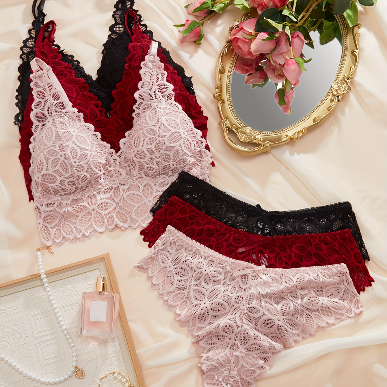 

Valentine's Day 3 Sets Floral Lace Bra & Panties, Wireless Intimates Bra & Elastic Panties Lingerie Set, Women's Lingerie & Underwear