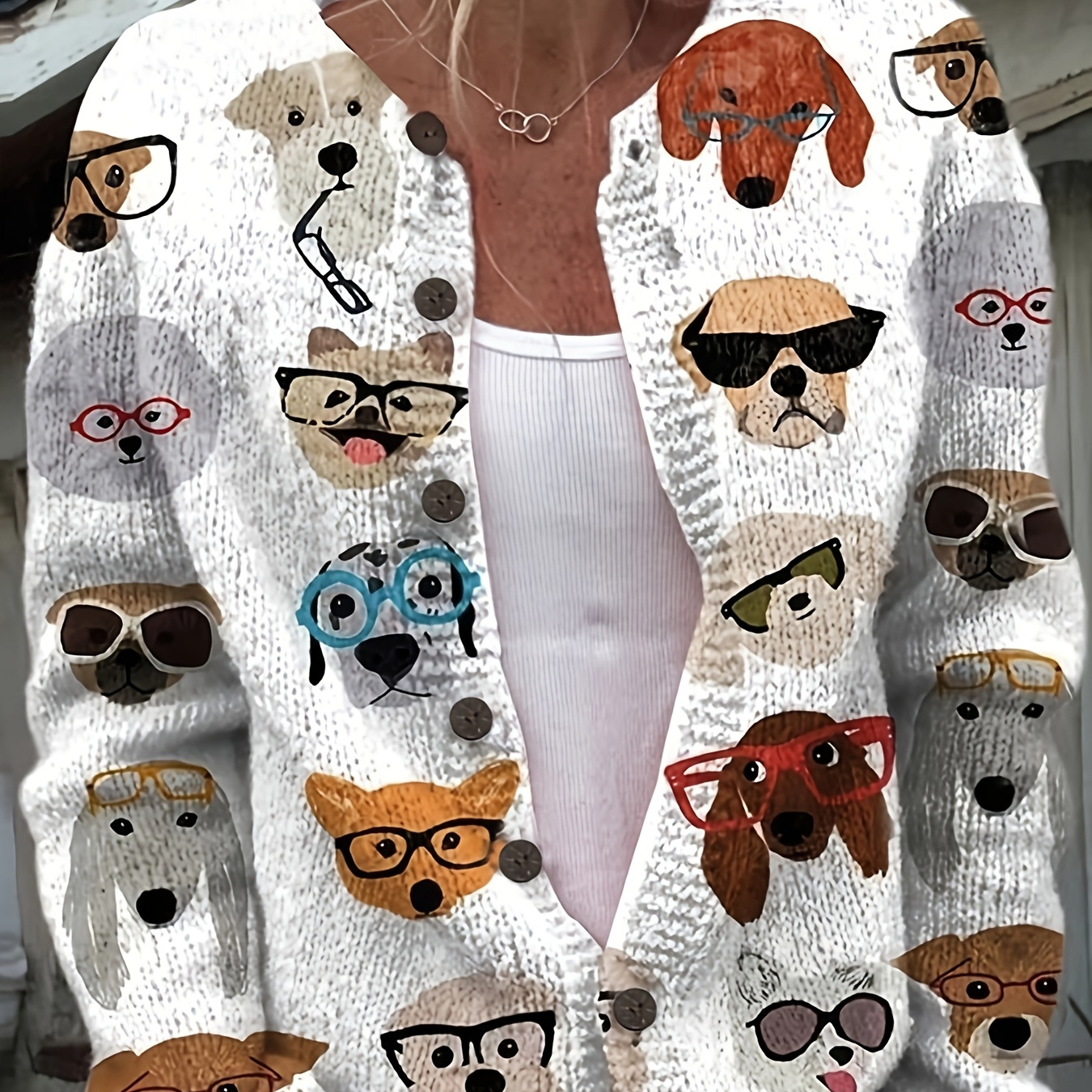 

Women's 3d Dog Print Knit Cardigan, Polyester 100 Neck Printed Sweater With Buttons, Lightweight 270g/m² Knit Fabric, Casual Outerwear