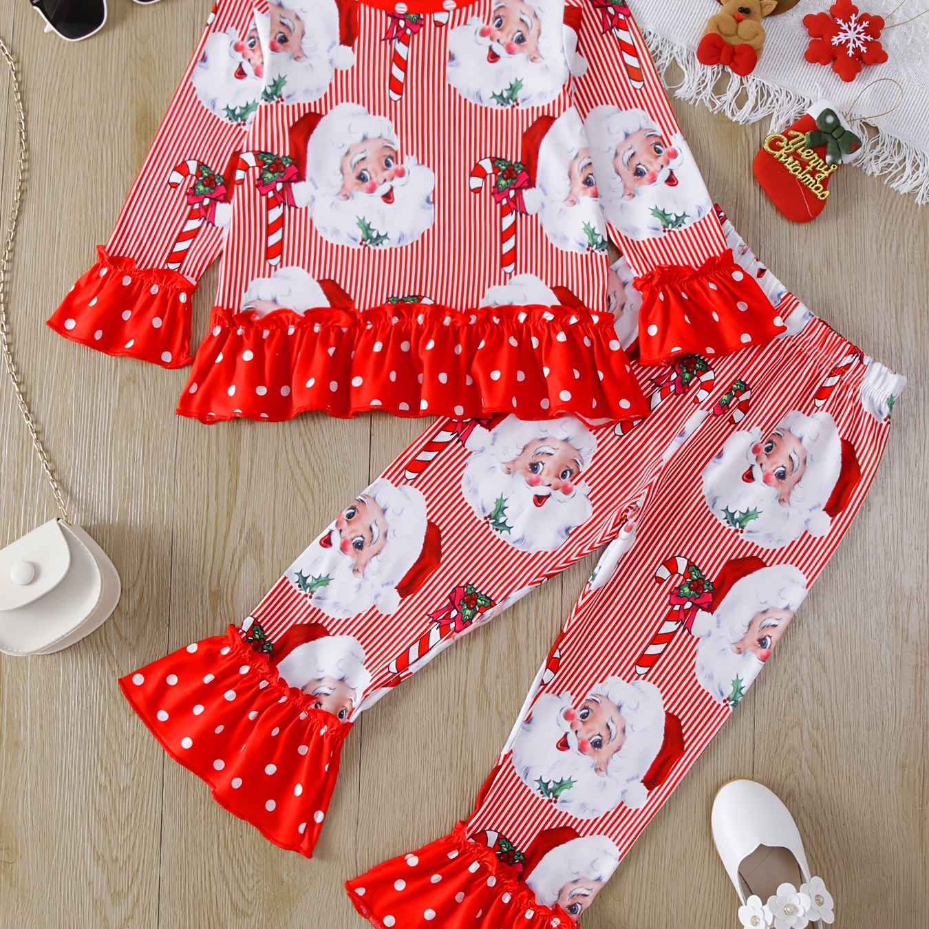 

Toddler Girls 2pcs Christmas Outfits Santa Claus Graphic Sets Pullover + Flare Pants Gift