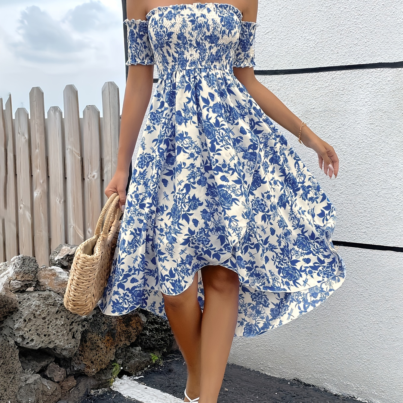 

Floral Print Off Shoulder Shirred Dress, Elegant Backless Asymmetrical Hem Dress For Spring & Summer, Women's Clothing For Party Dressing