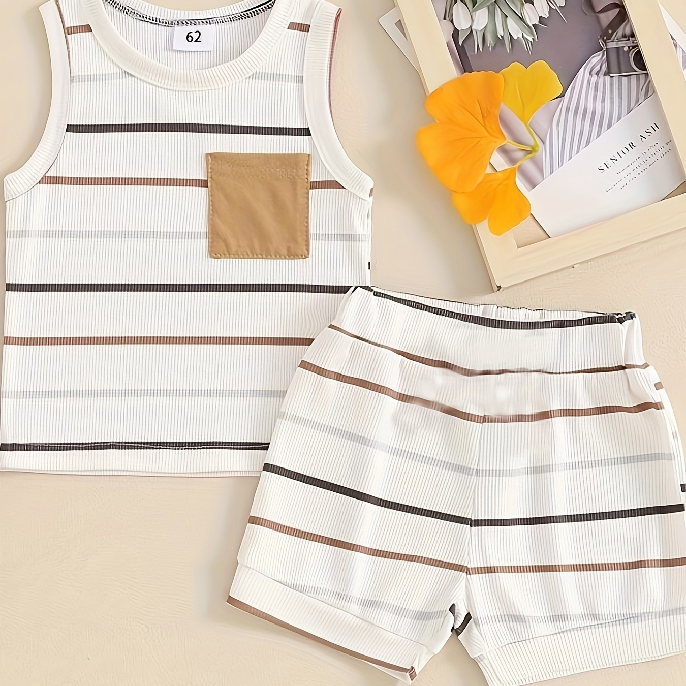 

Infants Newborns Striped Outfit, Crew Neck Vest & Shorts Set, 2pcs Baby Boys Comfy Soft Summer Clothing