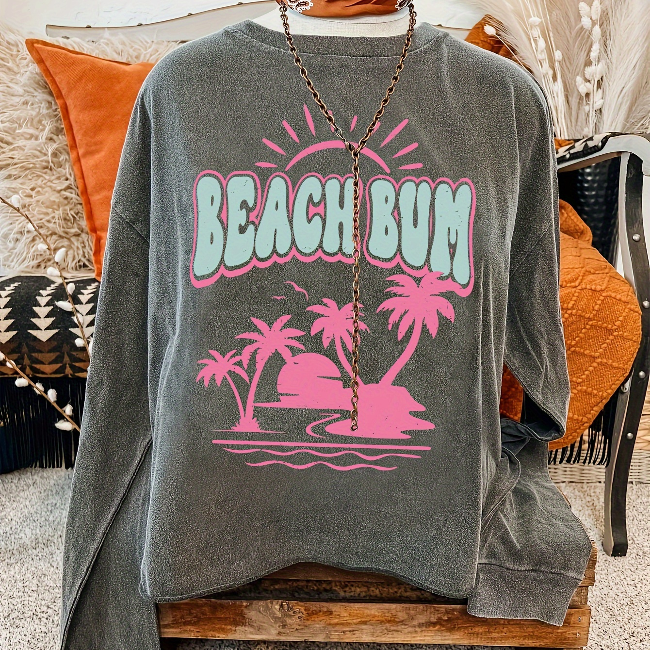 

Beach Print Pullover Sweatshirt, Casual Long Sleeve Crew Neck Sweatshirt, Women's Clothing