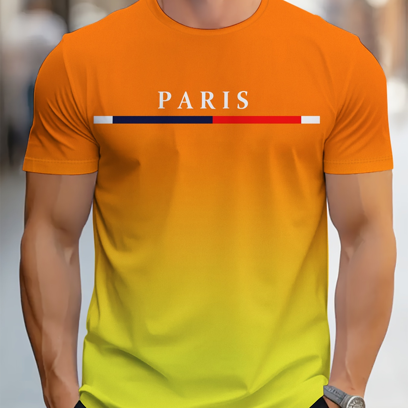 TEMU Men's Gradient Color Paris Graphic Print T-shirt, Short Sleeve Crew Neck Tee, Men's Clothing For Summer Outdoor