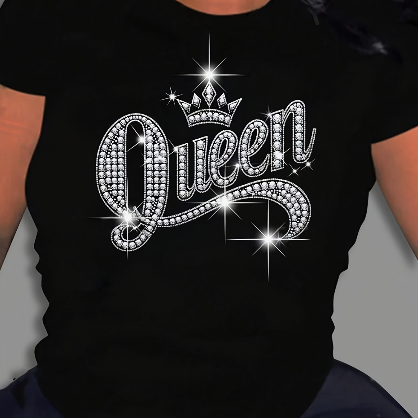 

Rhinestone Queen Print Crew Neck T-shirt, Casual Short Sleeve T-shirt For Spring & Summer, Women's Clothing