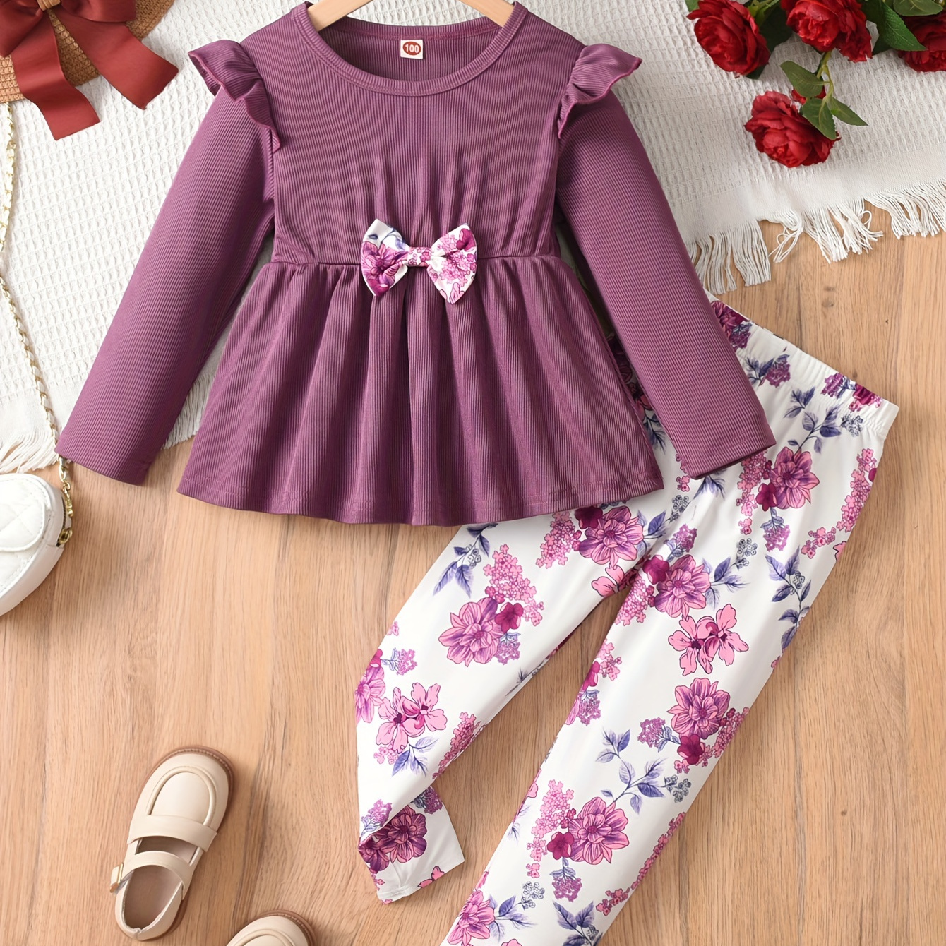 

' 2pcs Set: Purple Bowknot Long Top & Leggings - , Washable - For /fall, For