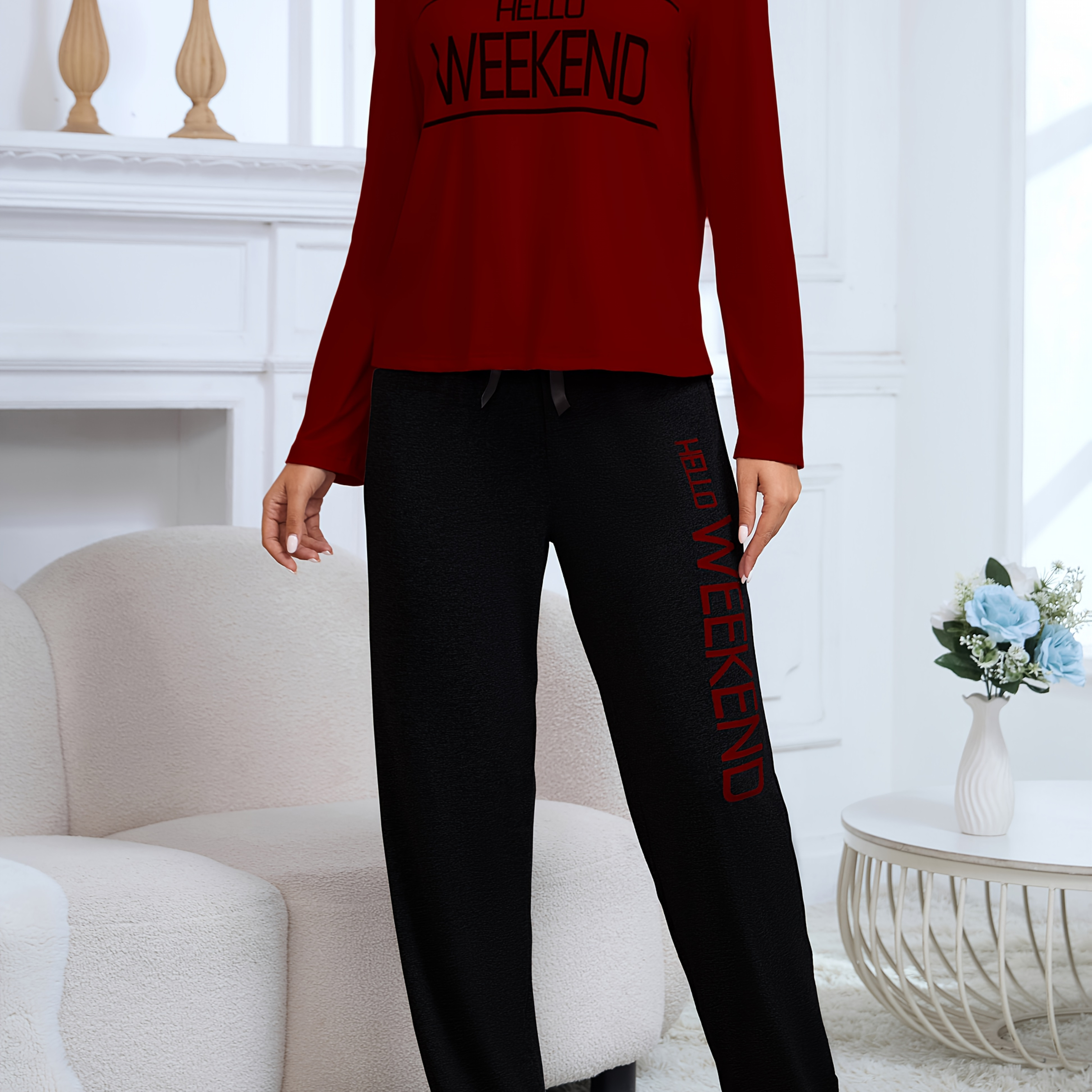 

Women's Slogan Pajama Set, Long Sleeve Round Neck Top & Jogger Pants, Comfortable Relaxed Fit For Fall