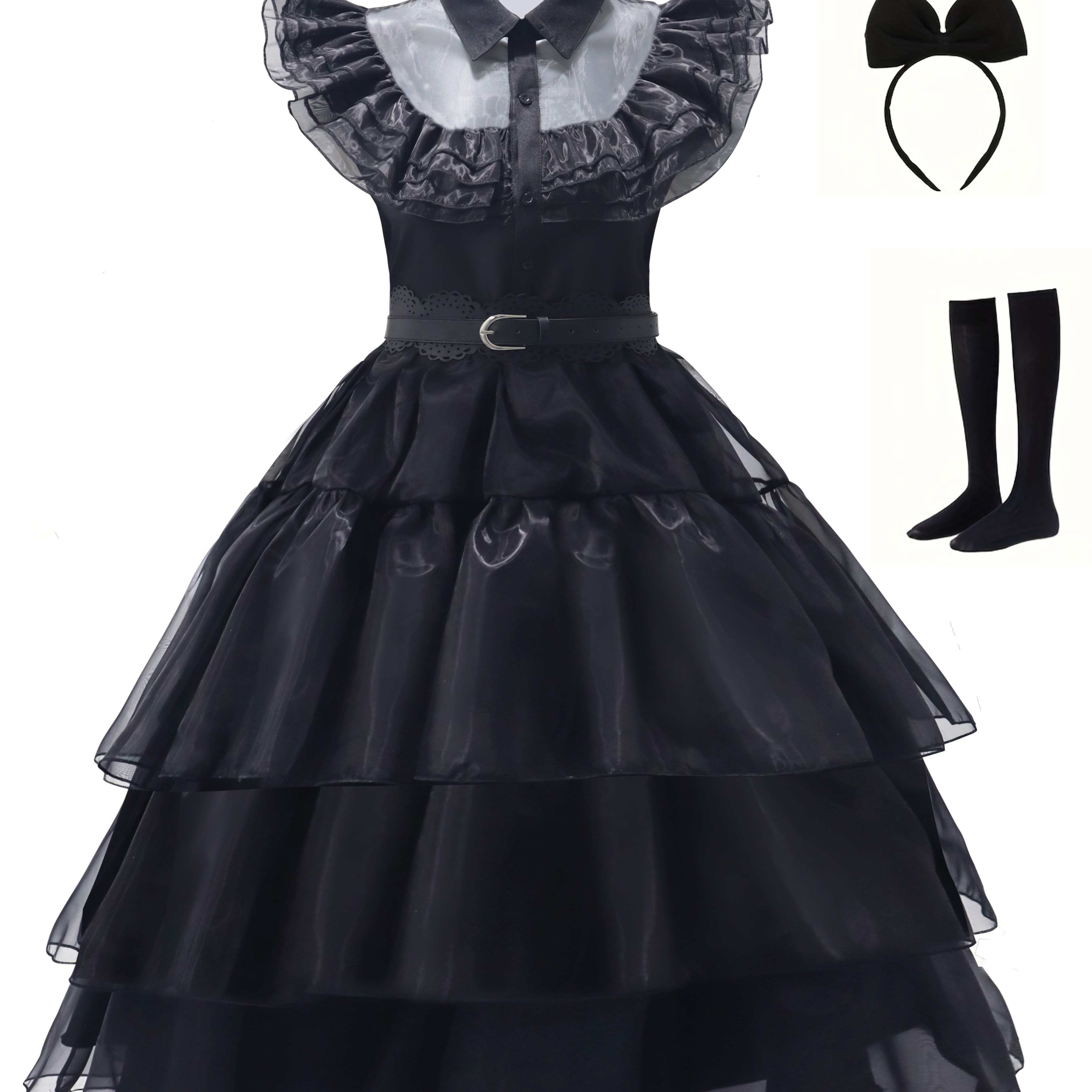 

Gothic Cosplay Mesh Dress, Shirt Collar Tiered Goth Dress For Party, Women's Clothing