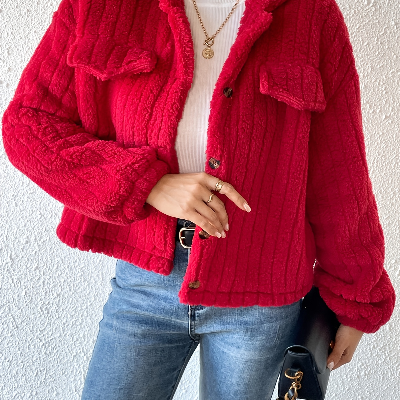 

Women's Chic Red Teddy Fleece Cardigan - Casual Long Sleeve, Button-up With Lapel Collar, Cozy & Stylish Outerwear For Fall/winter, Machine Washable