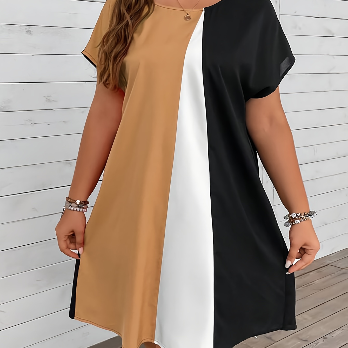 

Plus Size Colorblock Print Straight Dress, Elegant Short Sleeve Crew Neck Dress, Women's Plus Size Clothing