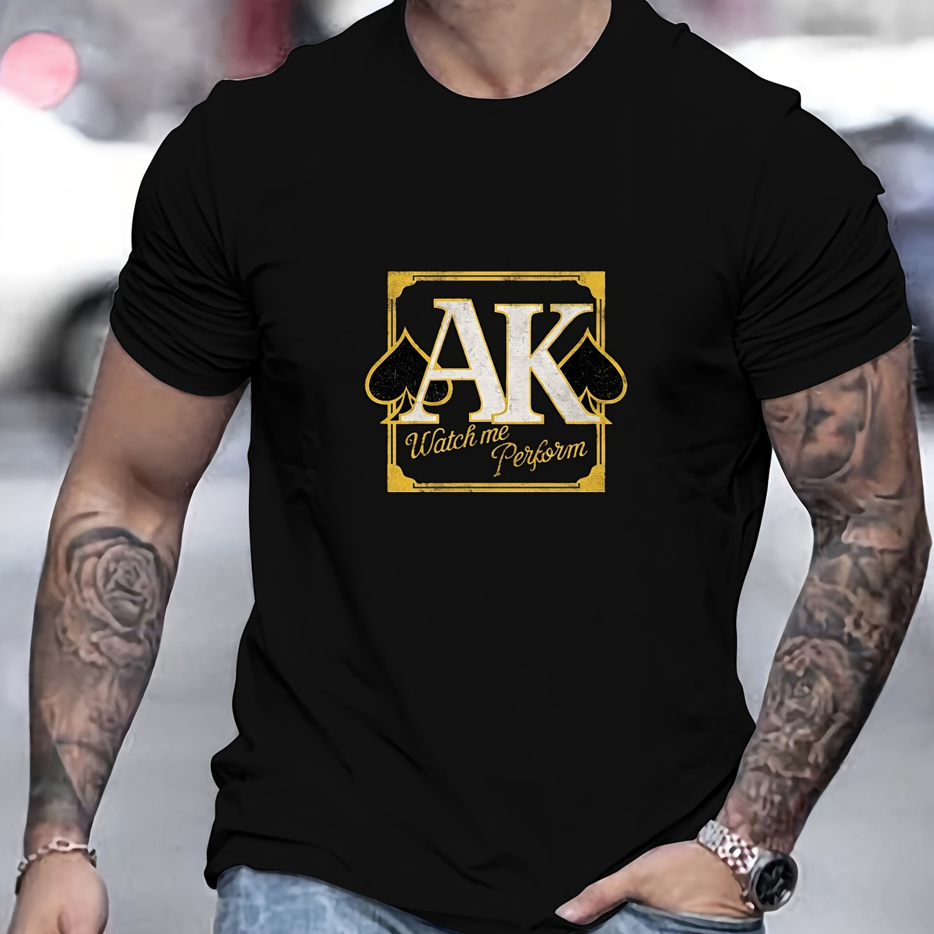 

Men's Cotton T-shirt With Spade Ak Graphic - Summer Casual Crew Neck Short Sleeve Tee, Knit Fabric Slight Stretch, Solid Color Regular Fit Top For Adult