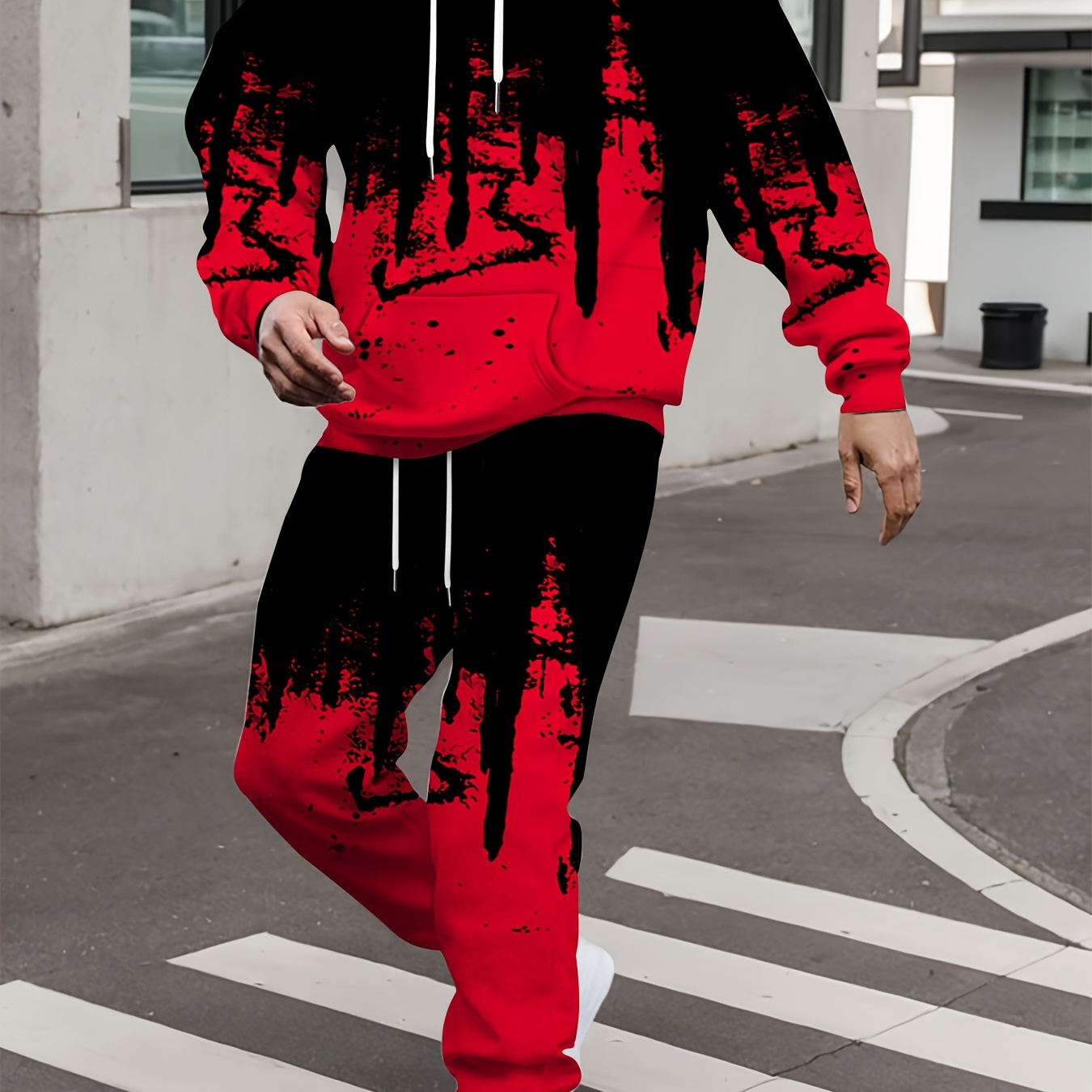 

2pcs Men's Color Blocking Graffiti Print Long Sleeve Hoodie + Sweatpants Set, Casual Warm Co-ord Set For Autumn And Winter