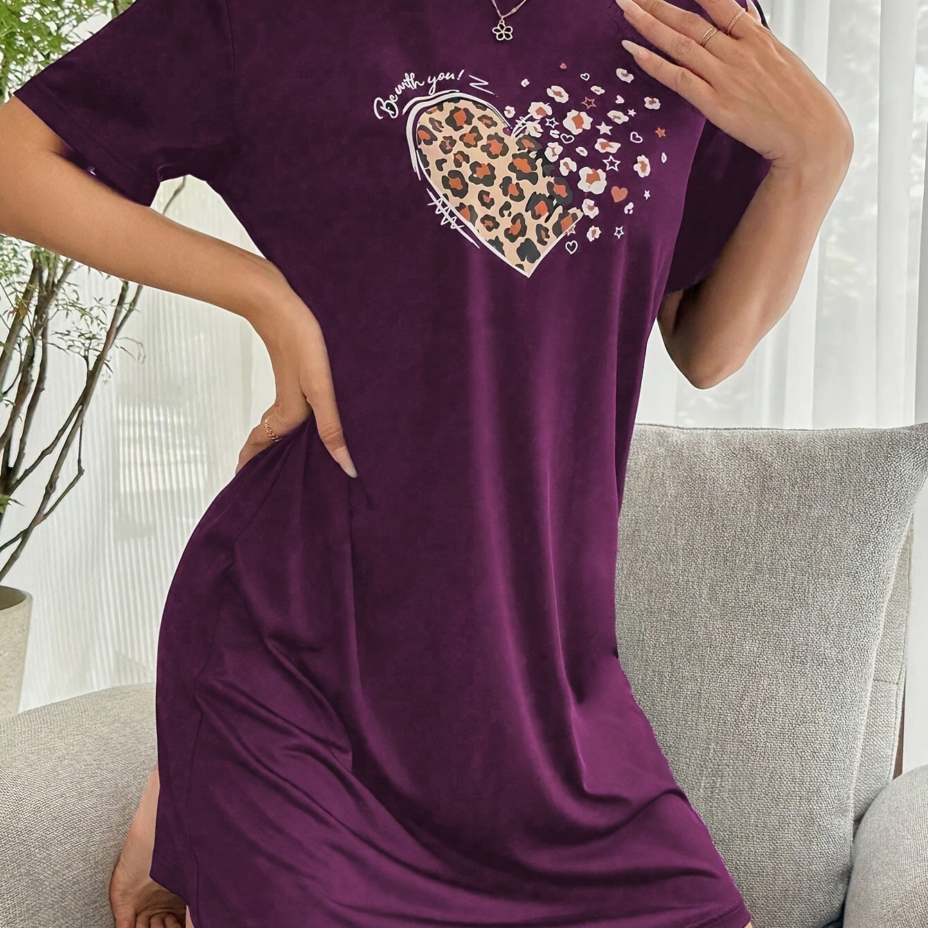 

Women's Leopard Heart Sleepwear Dress, Short Sleeve Round Neck Tee Dress, Comfortable Nightgown