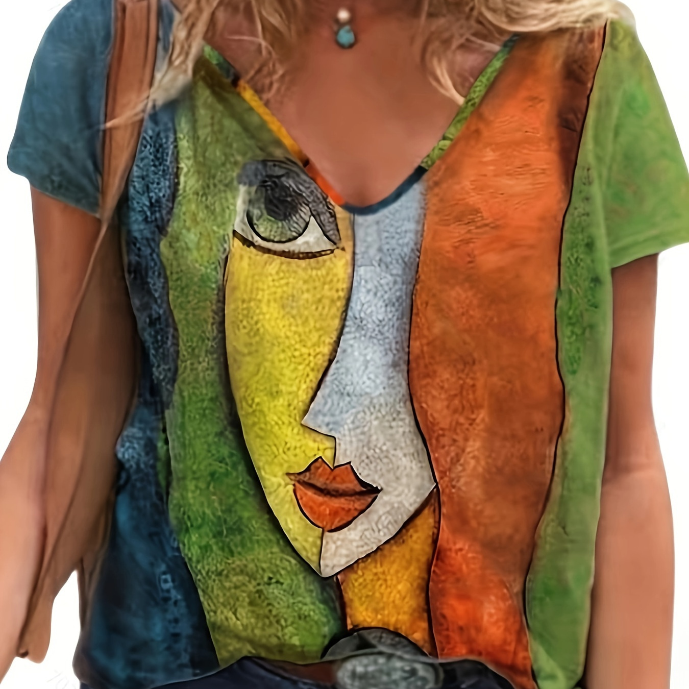 

Graphic Print V Neck T-shirt, Casual Short Sleeve Top For Spring & Summer, Women's Clothing