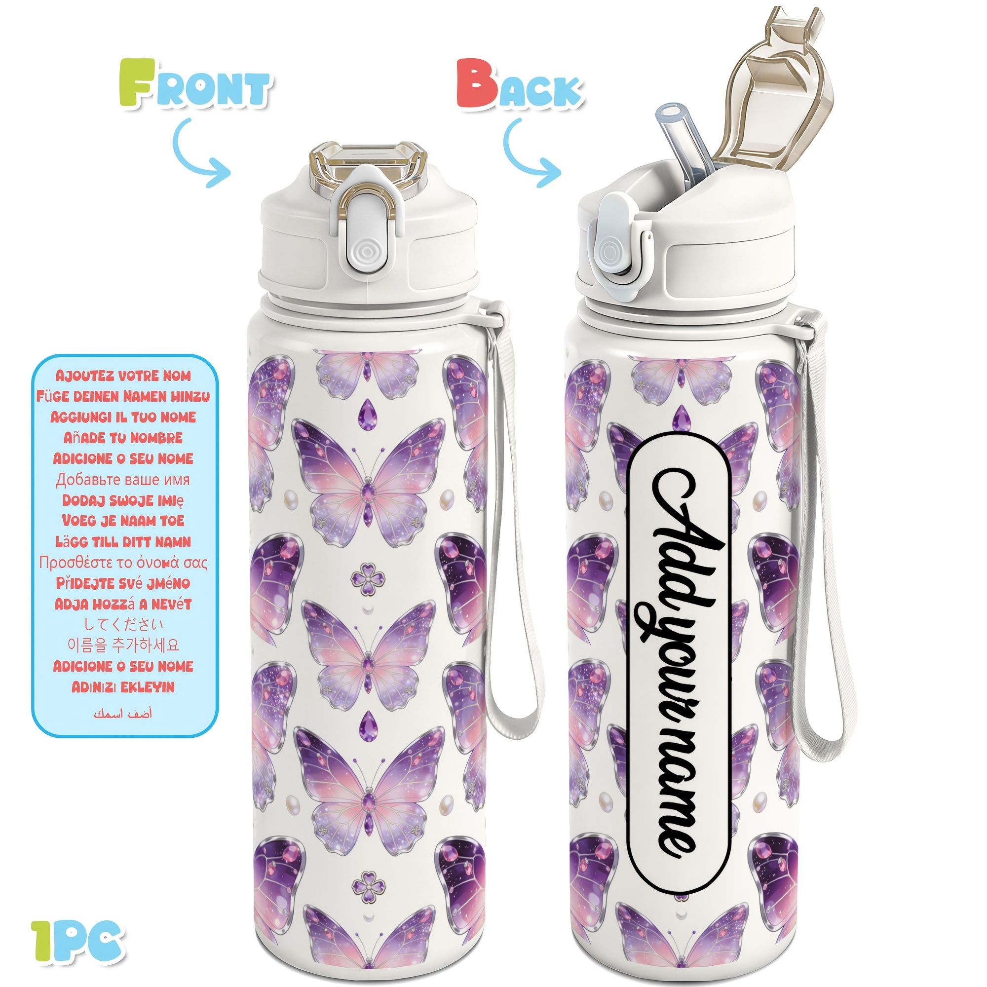 TEMU 1pc, Personalized 25oz Water Bottle With Custom Name, 750ml Leak Proof Sports Water Cup, Cute Purple Design Customized Gifts For Women Men