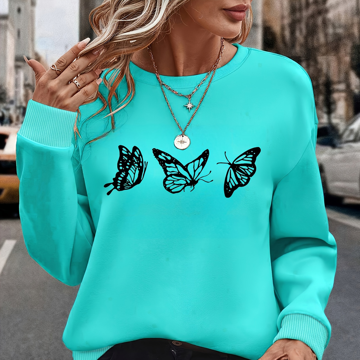 

Women's Elegant Long Sleeve Round Neck Pullover Sweatshirt With Butterfly Print, Polyester Knit Fabric, Fashionable Hoodie For All