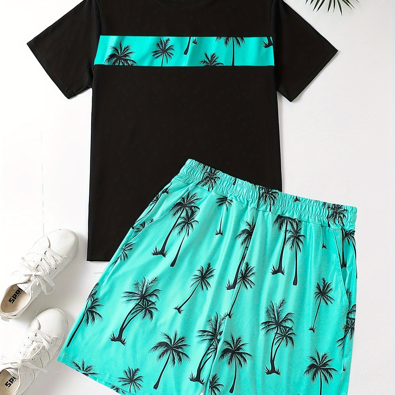 

Palm Trees Print, Men's 2pcs Outfits, Casual Crew Neck Short Sleeve T-shirt And Drawstring Sweatpants Joggers Set For Summer, Men's Clothing