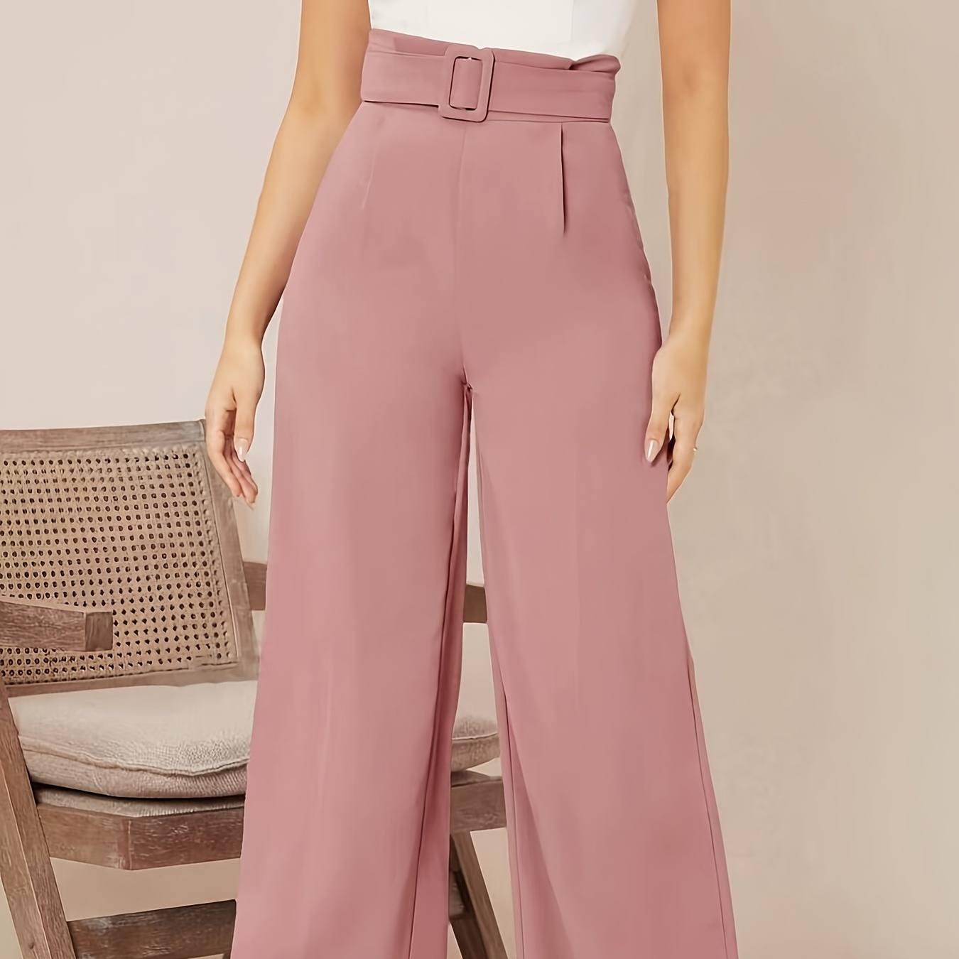 

Solid Belted Wide Leg Pants, Elegant High Waist Work & Office Pants, Women's Clothing