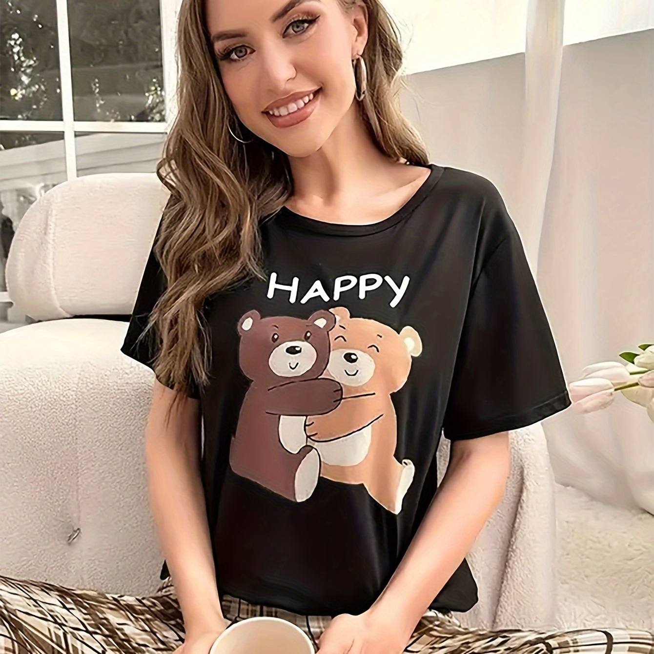 

Women's Sleepwear Top, Round Neck Short Sleeve Tee With Cute Cartoon Bear Print, Casual Homewear Shirt