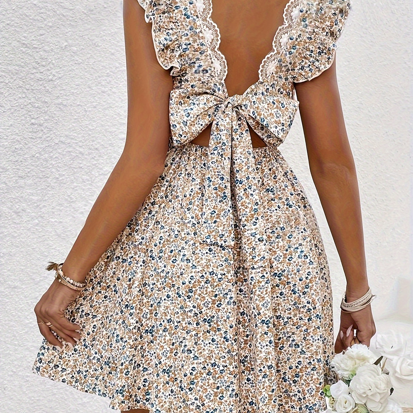 

Ditsy Floral Print Bow Back Dress, Elegant Ruffle Sleeve V Neck Dress For Spring & Summer, Women's Clothing