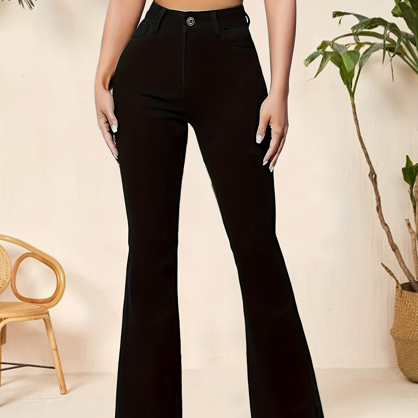 

Black High Waist Flare Jeans, High-stretch Fashion Bell Bottom Jeans, Women's Denim Jeans & Clothing