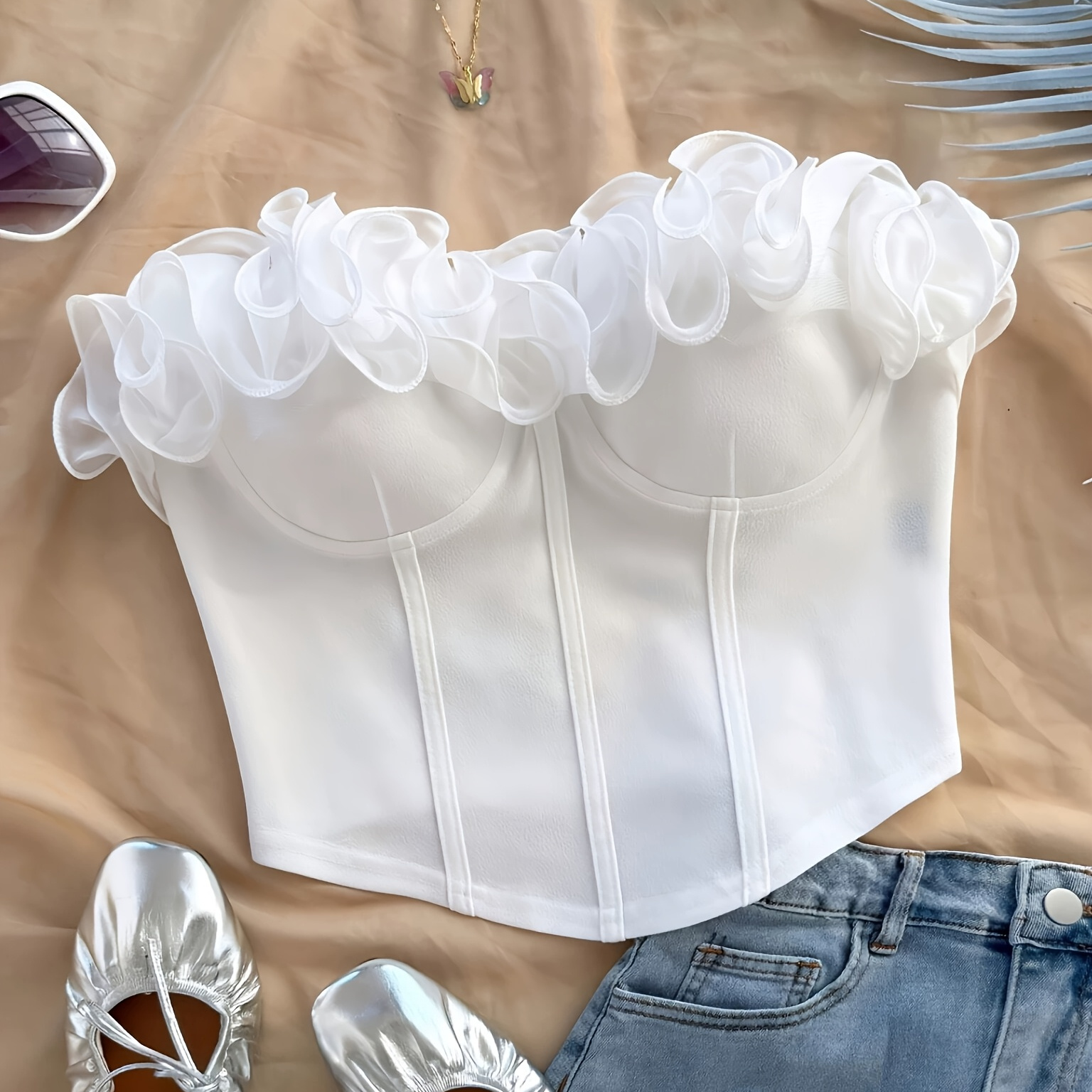 Blusa feminina elegante com ombros à mostra e babados - Cor sólida, design com amarração, ideal para feriados, festas, encontros, Dia dos Namorados, chá da tarde e ocasiões especiais