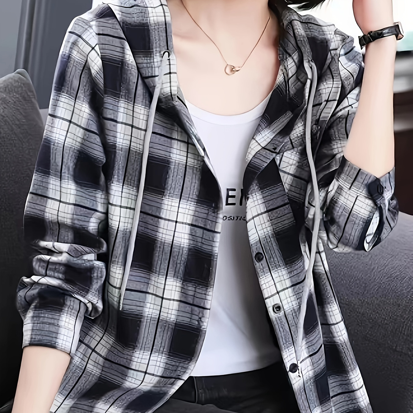 

Women's Casual Hooded Gingham Shirt - 100% Polyester Woven Fabric, Lapel, Button Detail, Long Sleeve Blouse