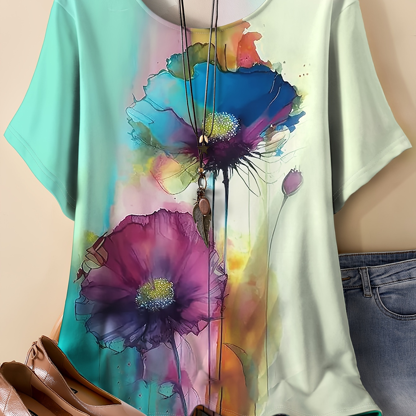 

Plus Size Women's Vibrant Floral Gradient Print T-shirt - Casual Round Neck, Stretchy Fabric, Short Sleeve Top In Teal & - Spring/summer/fall, Plus Size Blouses