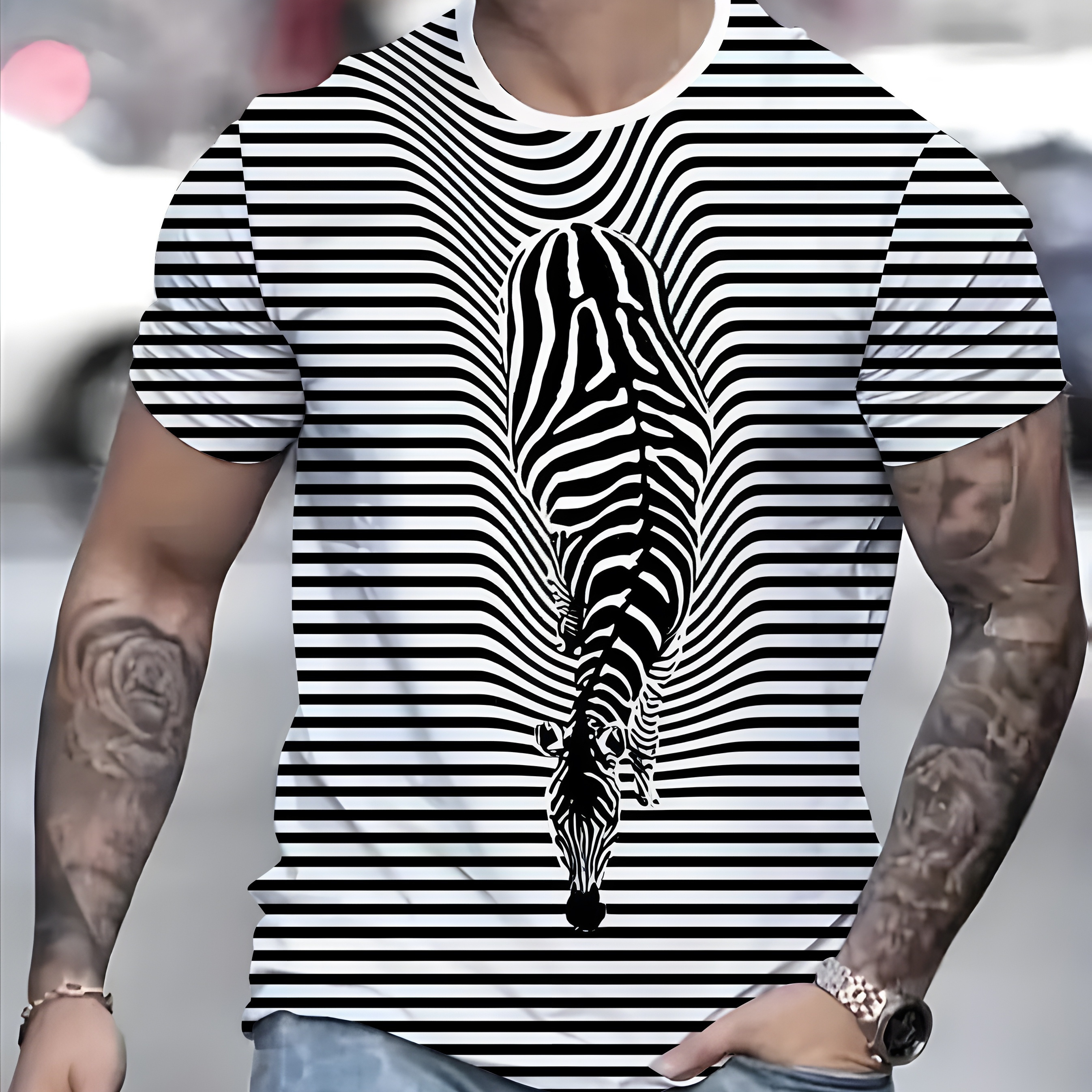 

3d Zebra Print Men's Trendy Color Block Short Sleeve Crew Neck T-shirt, Summer Outdoor