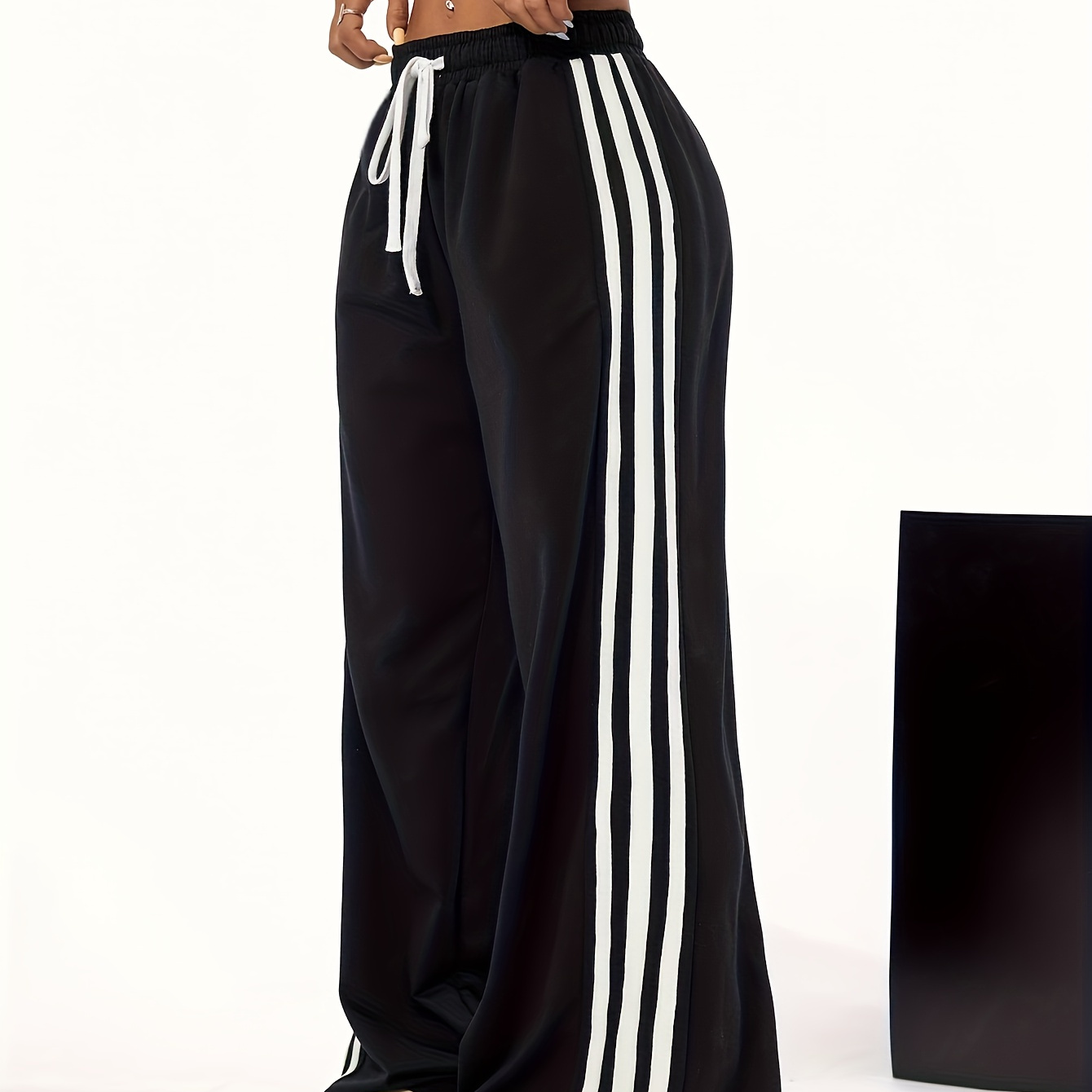 

Wide Leg Striped Pants, Streetwear High Drawstring Waist Loose Pants For Spring & Fall, Women's Clothing