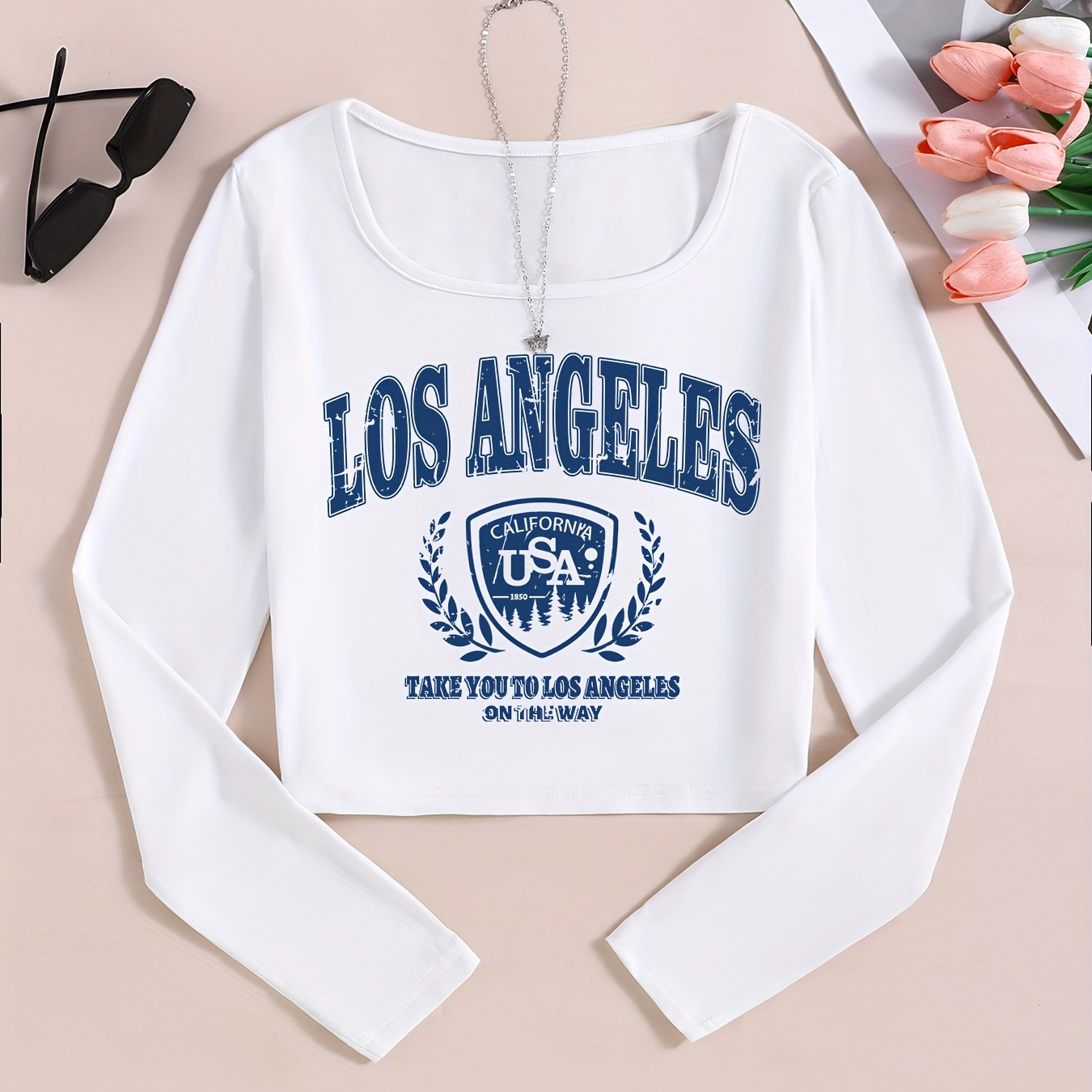 

Cozy Knit, Los Angeles Neck T-shirt, Casual Long Sleeve Top For Spring & Fall, Women's Clothing