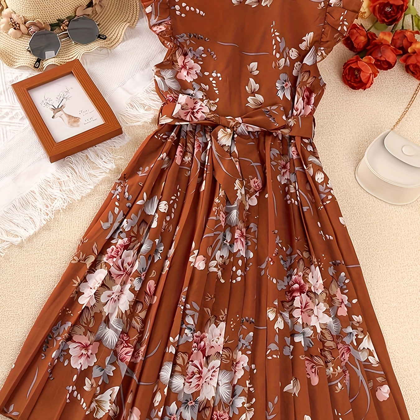 

Girls Vivid Floral Frill Sleeve Midi Dress Elegant & Sweet Girls Casual Dress Summer Gift