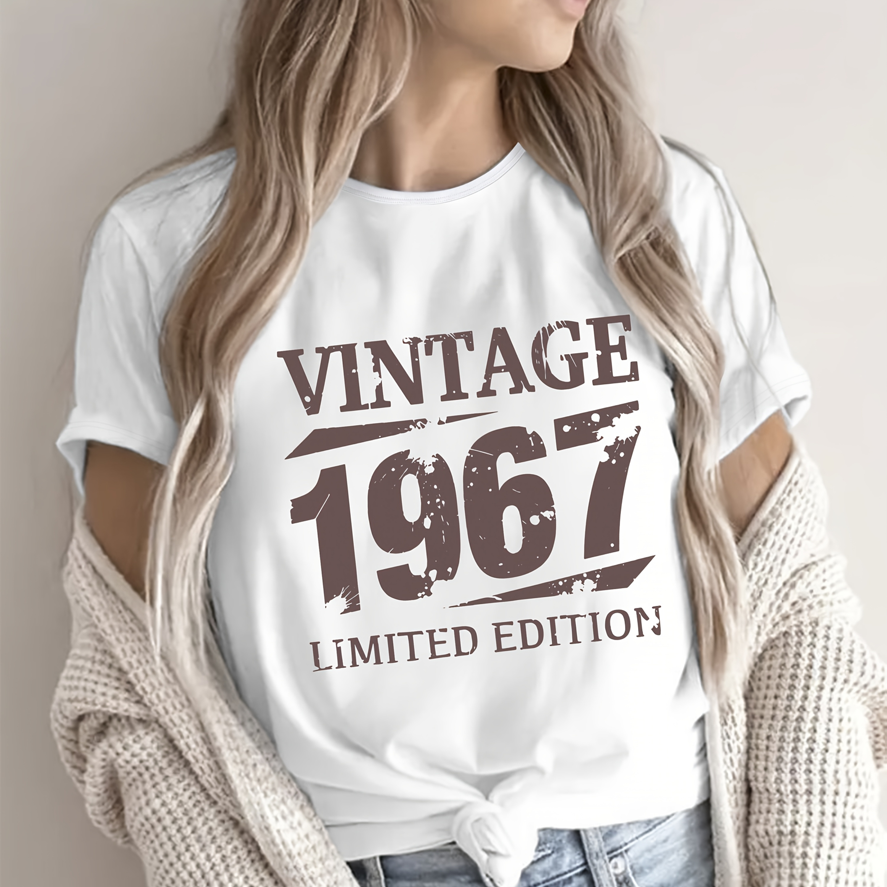 

Vintage 1967 Graphic Tee For Women - Casual Crew Neck Short Sleeve Top, , Machine Washable, Ideal For Vacations, Parties, Dates & Outdoor Activities