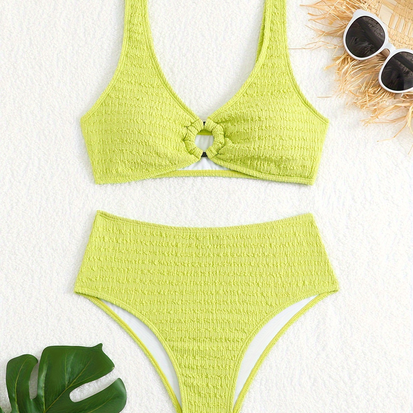 

Solid Color Sexy 2 Piece Set Bikini, V Neck Ring-linked High Cut Swimsuits, Women's Swimwear & Clothing