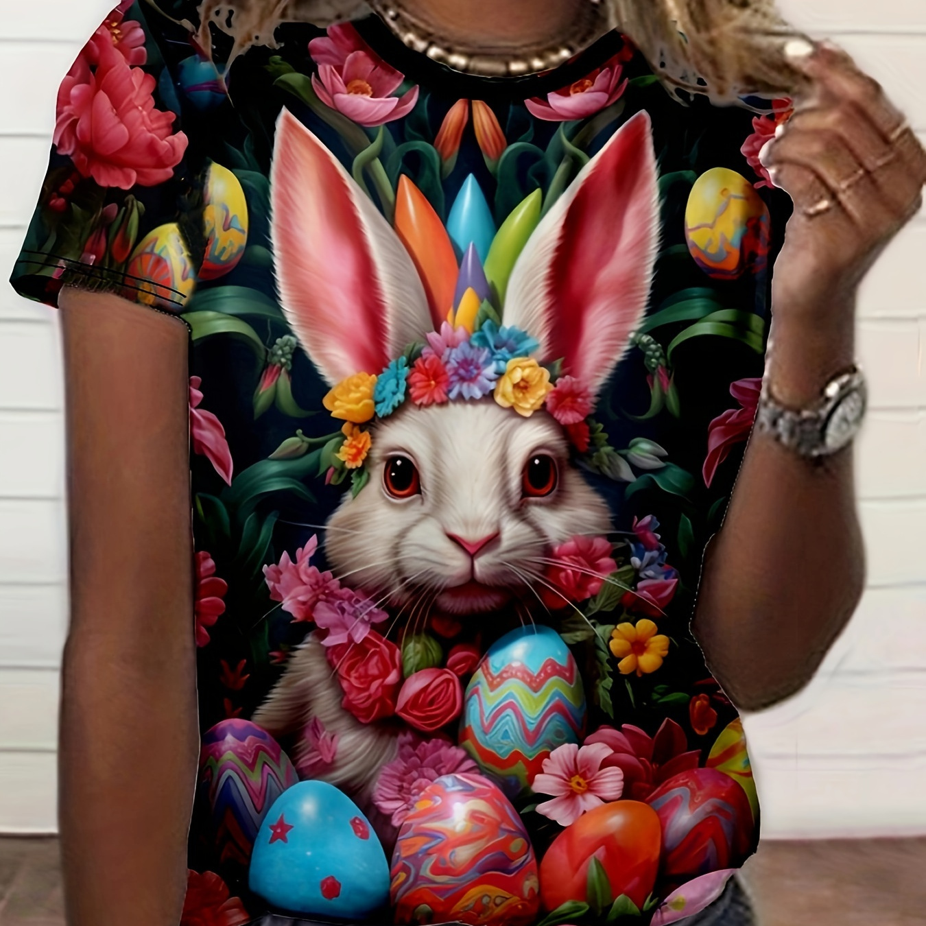 

Rabbit & Floral Print T-shirt, Casual Crew Neck Short Sleeve Top For Spring & Summer, Women's Clothing