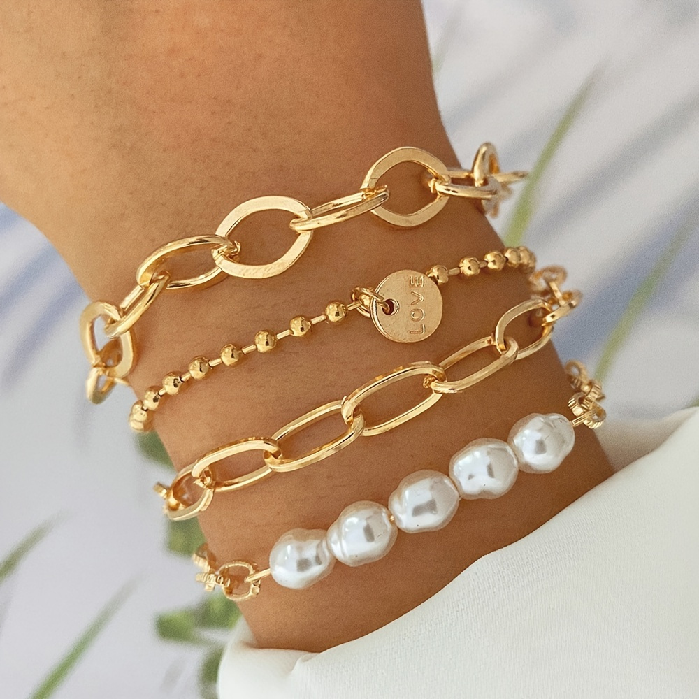 

Minimalist Chain Bracelet Faux Pearls Beads Chain Stackable Hand Chain Jewelry For Women Summer Beach Style