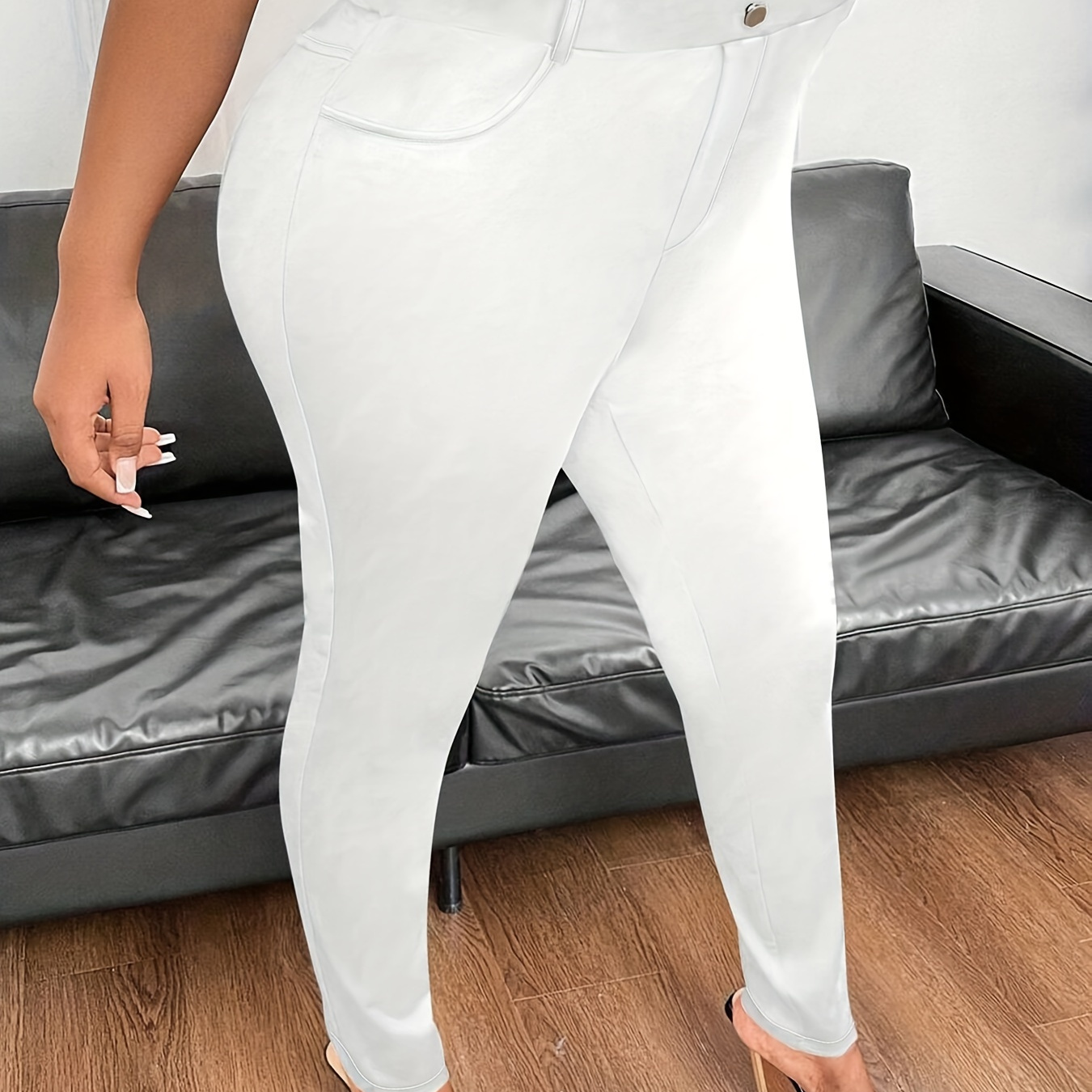 

Pantalon Skinny Élégant pour Femmes Grande Taille - Couleur Unie, Taille Haute avec Poches, Lavable en Machine