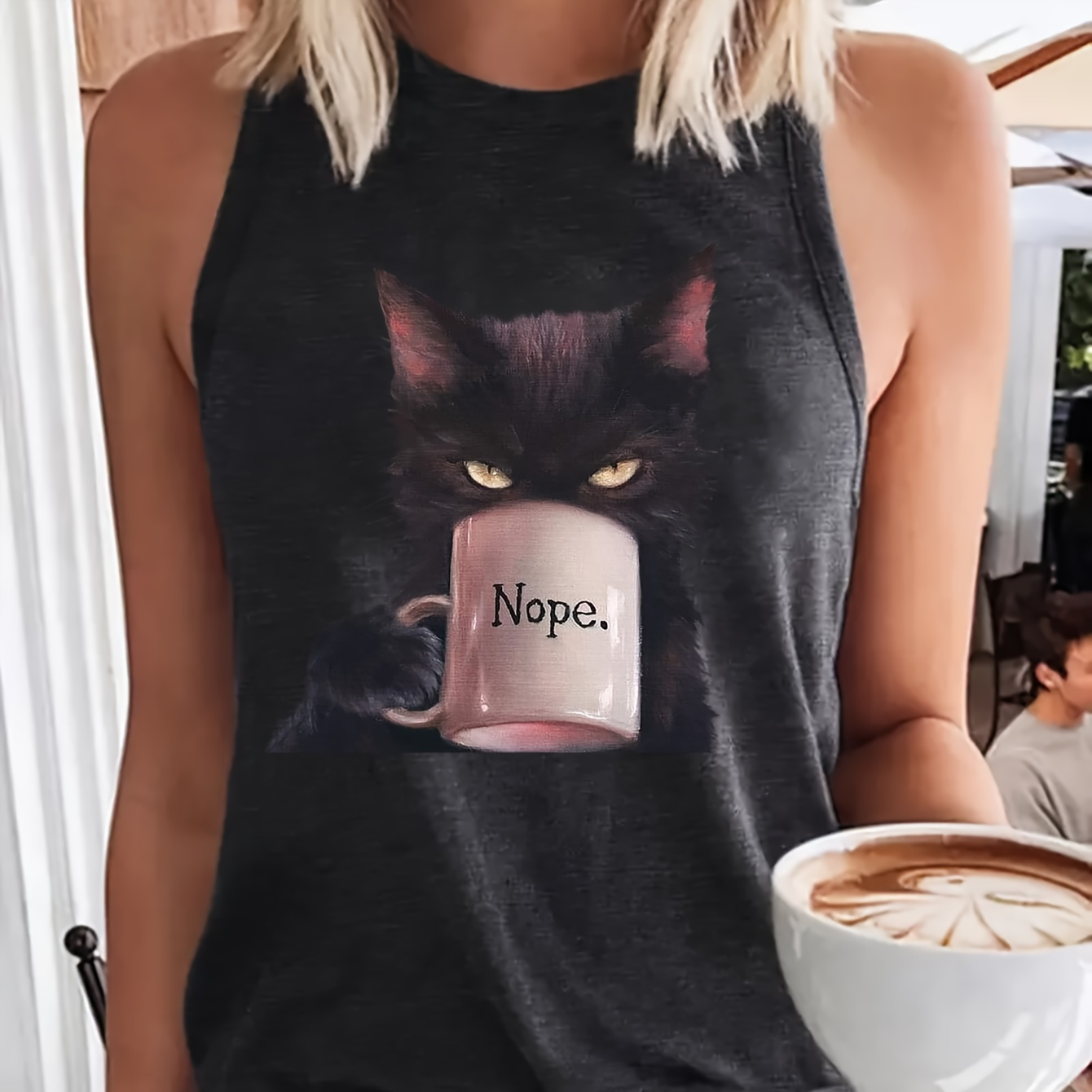 

Women's Casual Crew Neck Tank Top With Cat , Sleeveless Knit Fabric Vest, Medium Stretch Polyester 95% Elastane 5%, Regular Length Pullovers For Spring/summer/fall