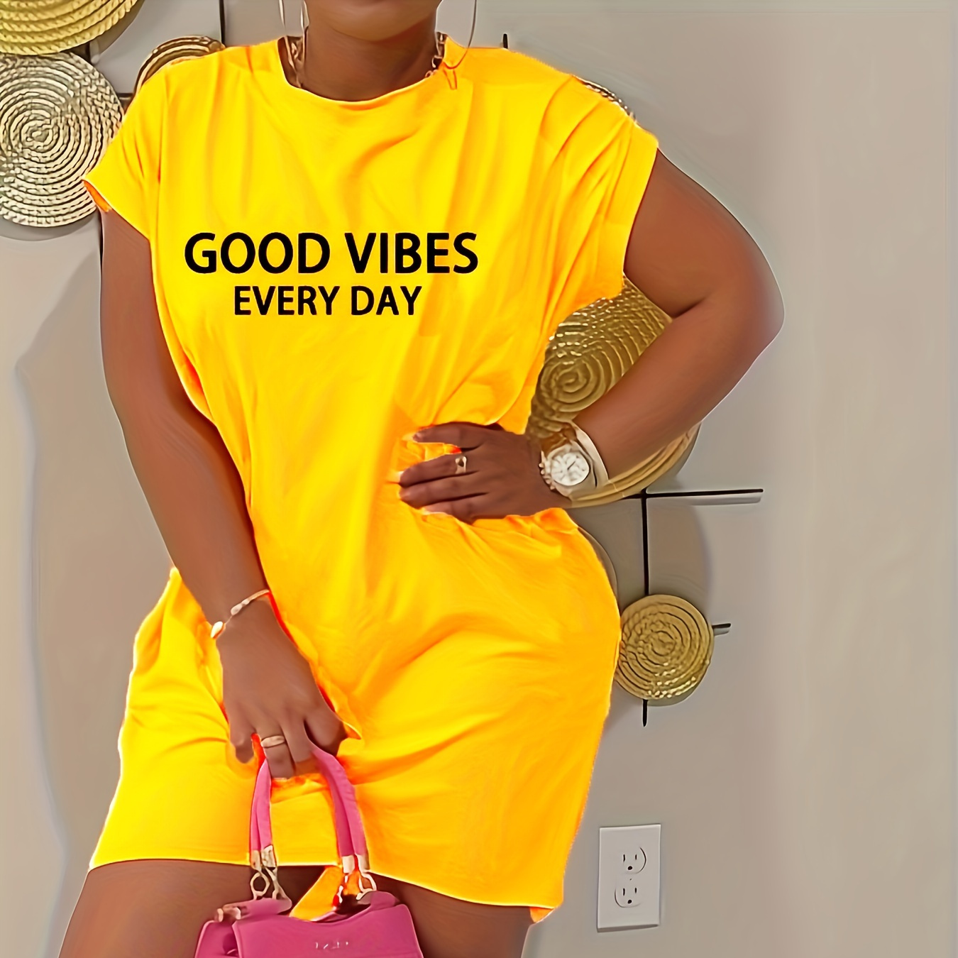 

Good Vibes Every Day Letter Pattern Dress, Casual Crew Neck Short Sleeve Dress, Women's Clothing