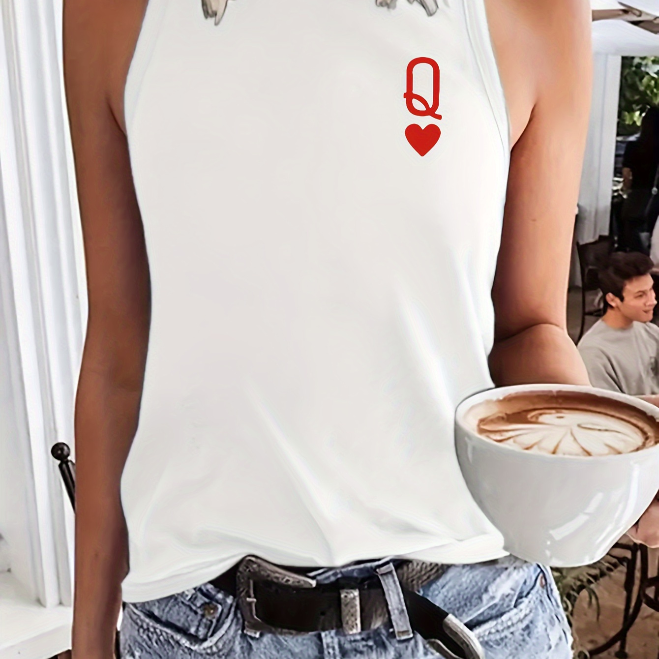 

Q & Heart Graphic Print Tank Top, Sleeveless Casual Top For Summer & Spring, Women's Clothing