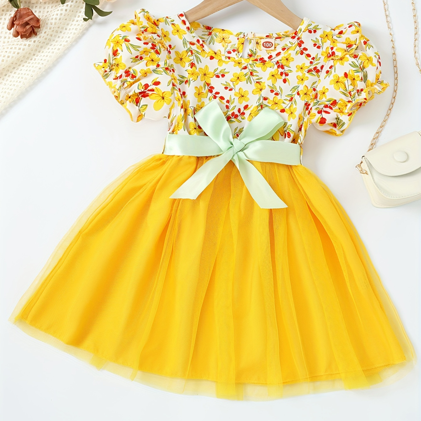 

Girls Yellow Flower Print Mesh Stitching Vacation Casual Dress Summer