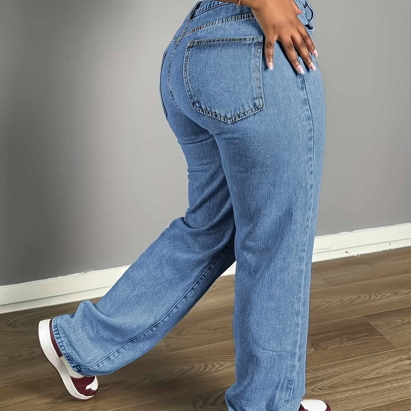 

Women's High Waist Baggy Jeans - Fit, Straight Wide Leg, Tummy Control, Blue Denim, Ripped Detail,